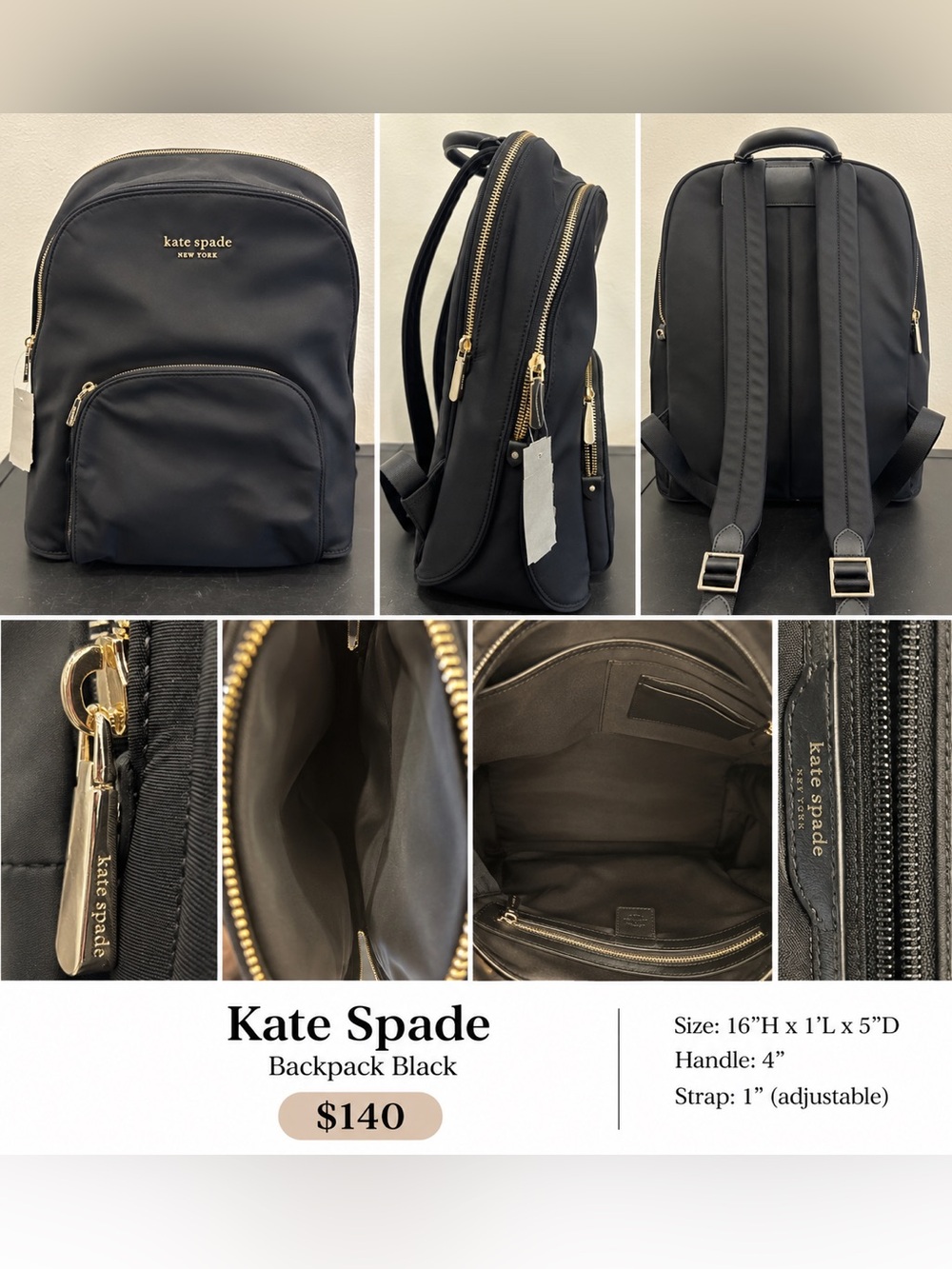 Kate Spade Black Nylon Backpack with Gold Hardware